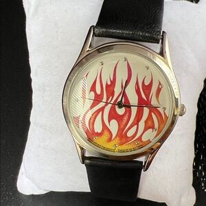 Vintage Y2K Flame Motif 9.25” Watch with Black Leather Band (works, new battery)